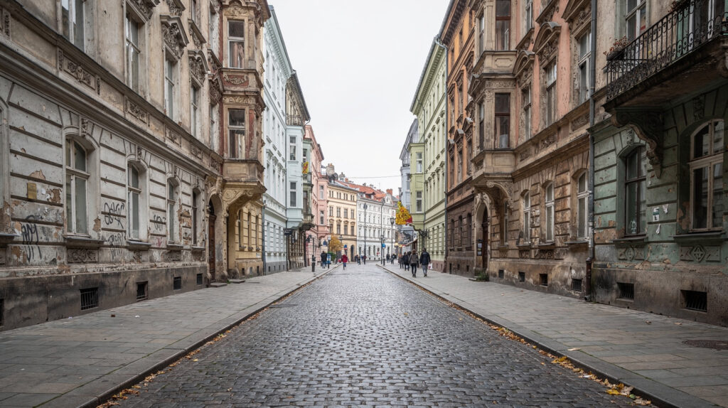 Ulica z XIX-wiecznymi kamienicami o zdobionych fasadach w centrum polskiego miasta, kilka osób spaceruje w tle