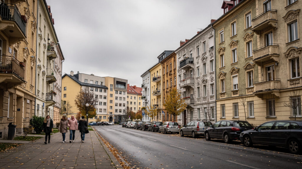 Ulica w śląskim mieście z blokami mieszkalnymi z różnych epok - starsze kamienice i nowsze budynki obok siebie, kilku przechodniów na szerokim chodniku